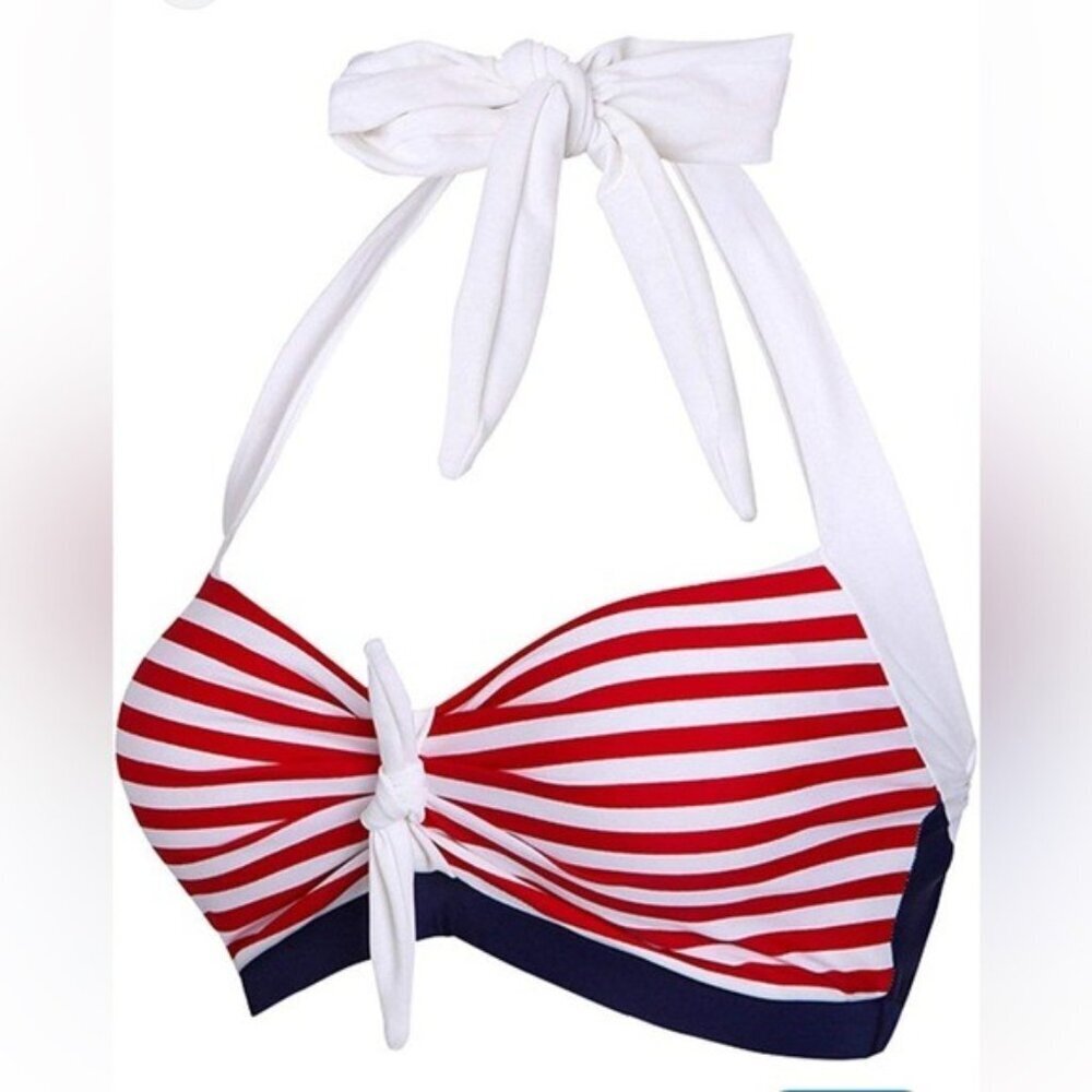 Futurino Red White Striped Bikini Top XL | Retro Halter Swim Top Pin-Up Style